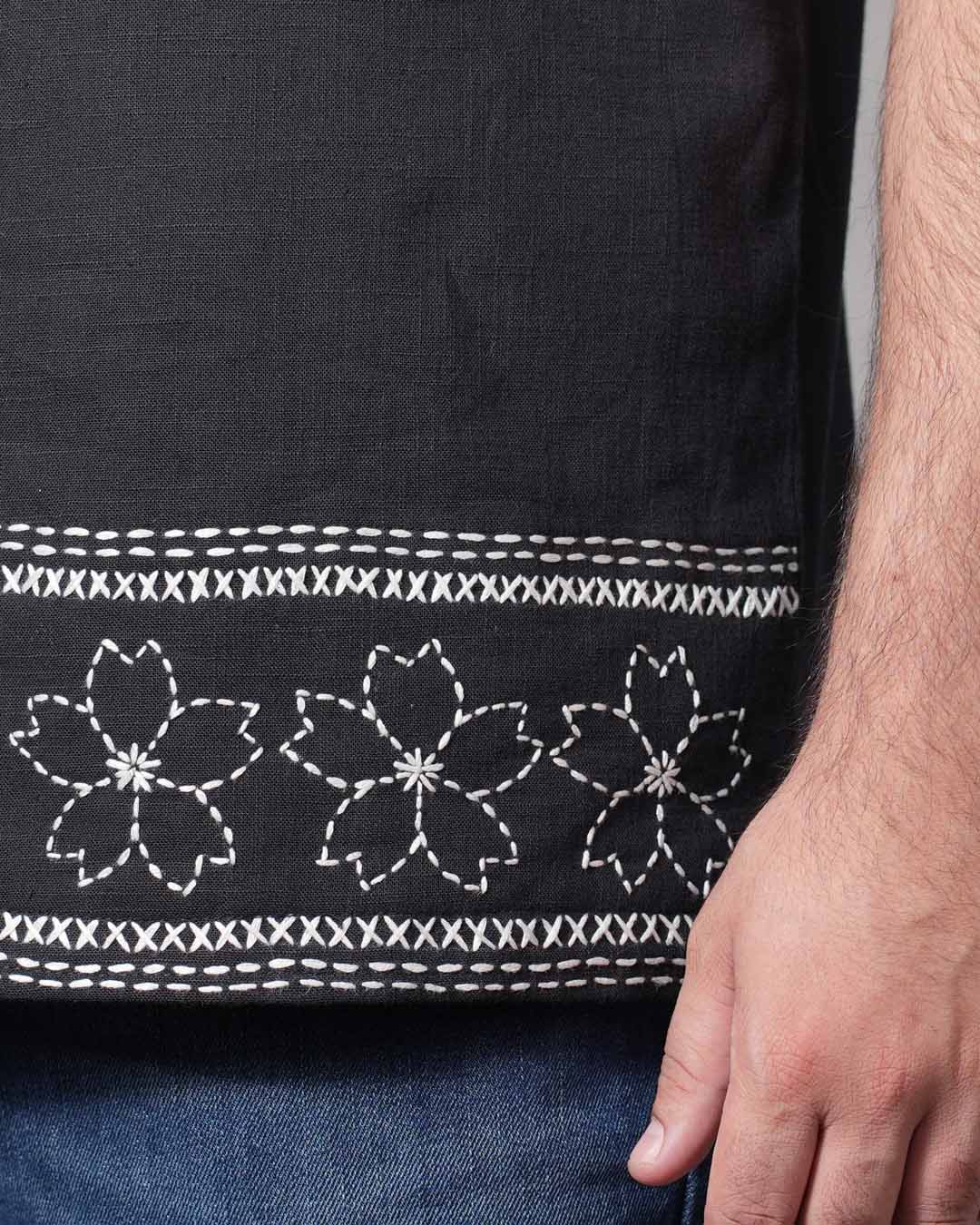 Katha Kantha Embroidery Cotton Shirt - Black