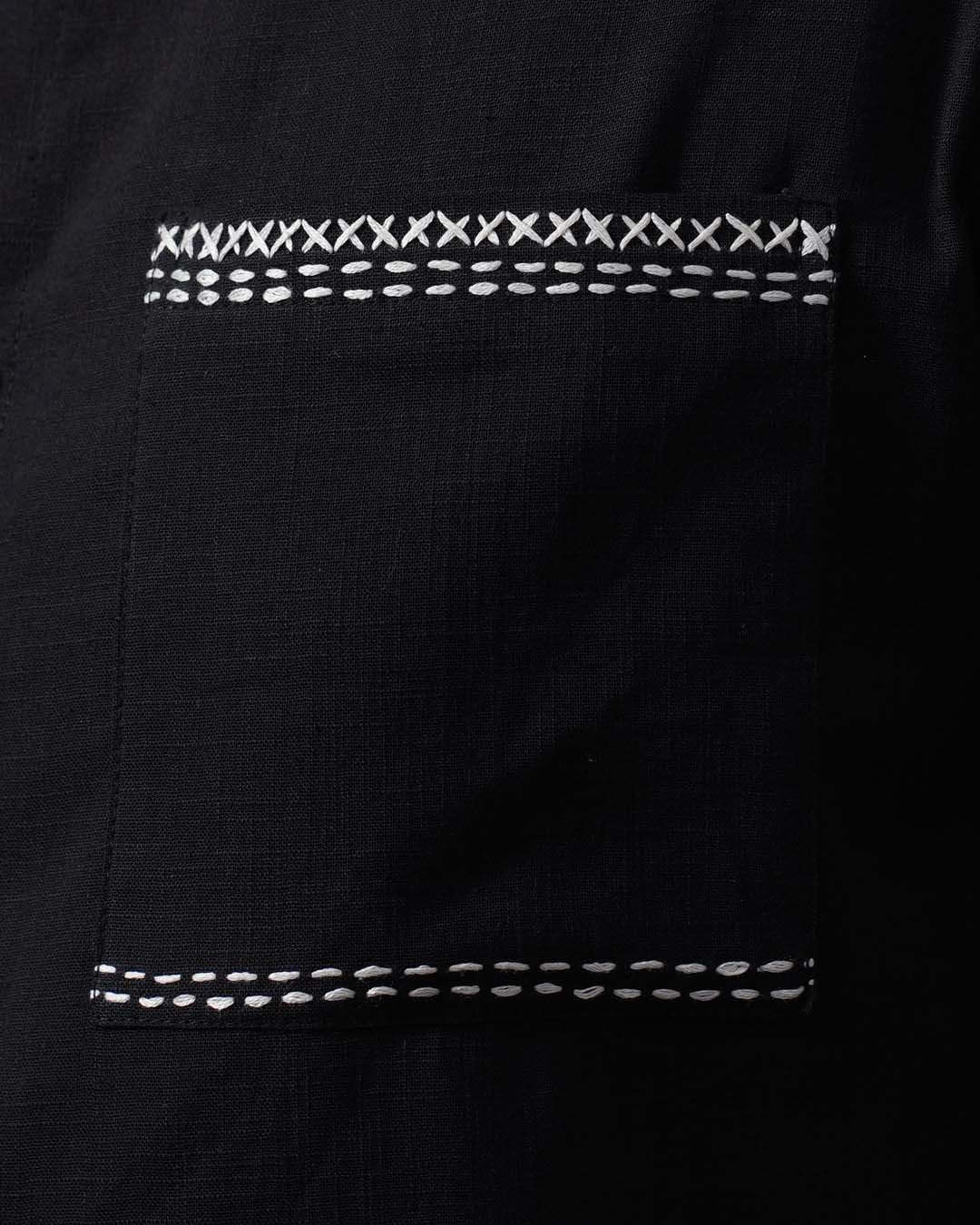 Katha Kantha Embroidery Cotton Shirt - Black