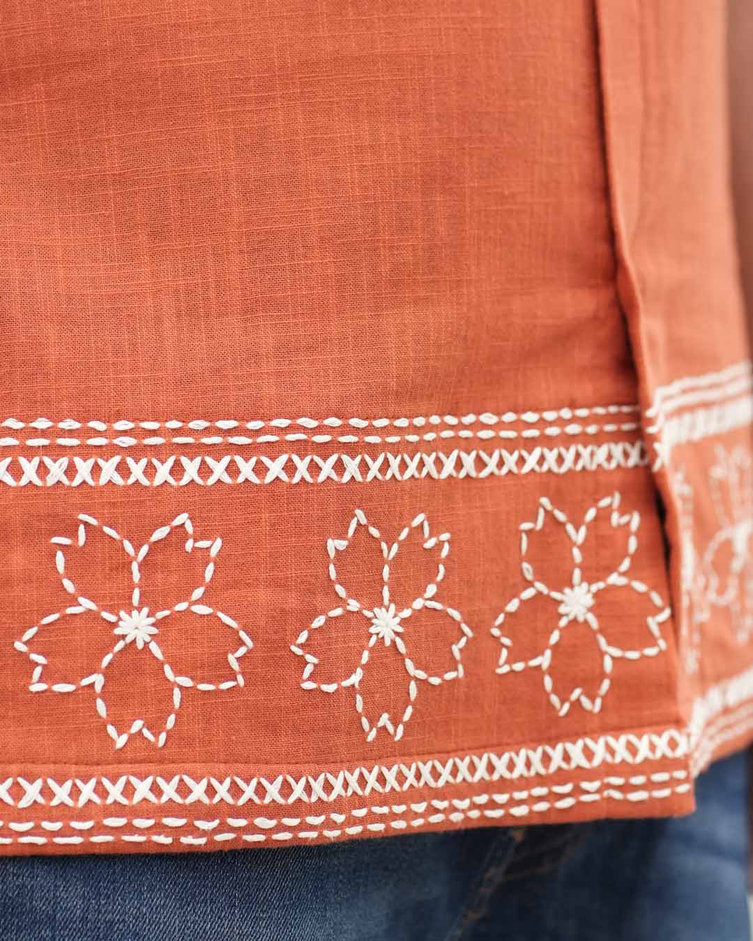 Katha Kantha Embroidery Cotton Shirt - Burnt Orange