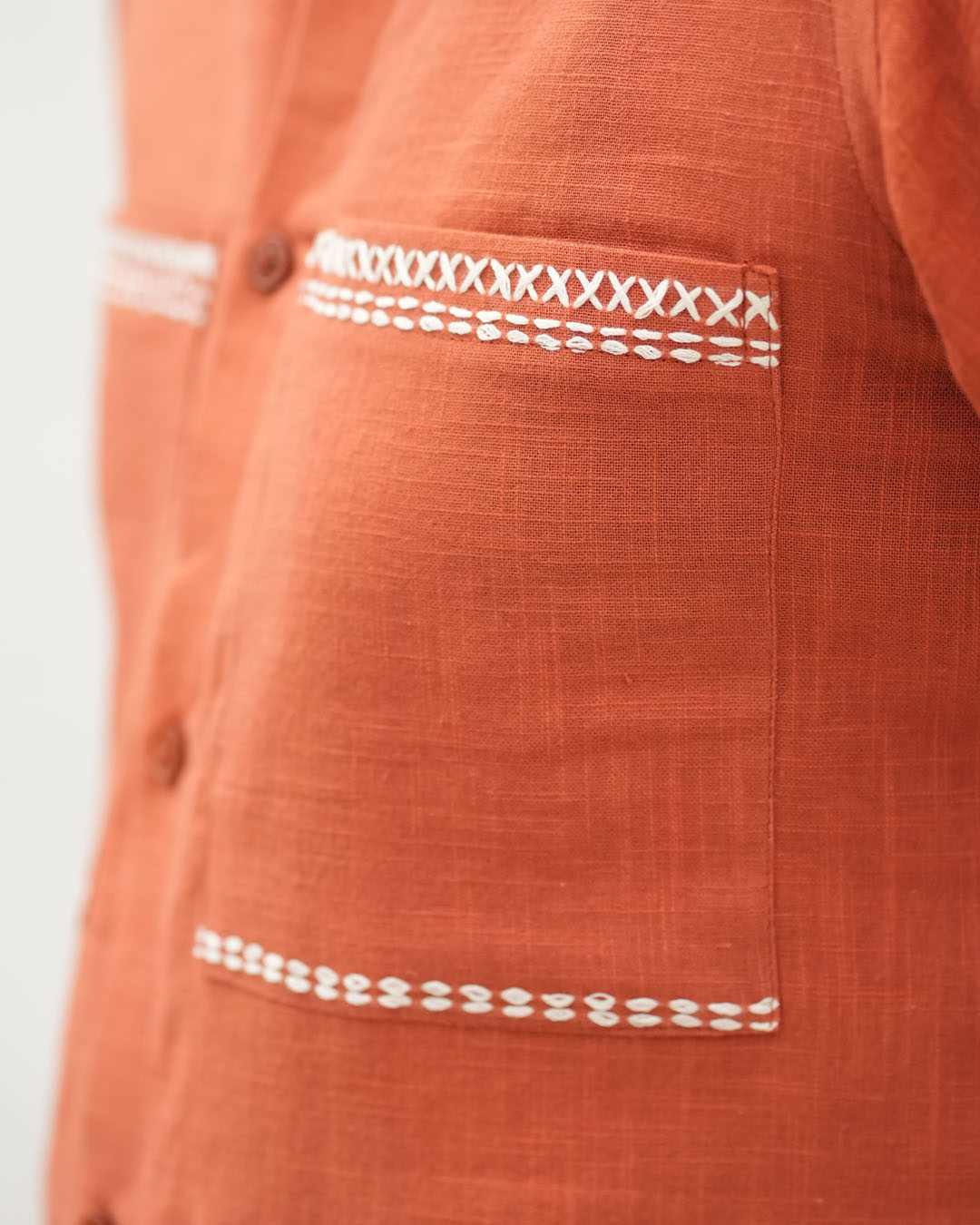 Katha Kantha Embroidery Cotton Shirt - Burnt Orange