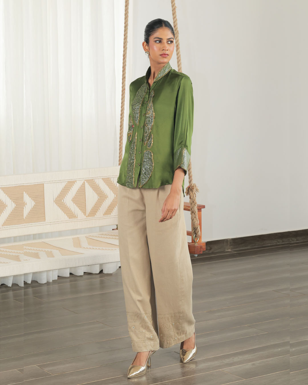 Bhumi Olive Green Applique Shirt