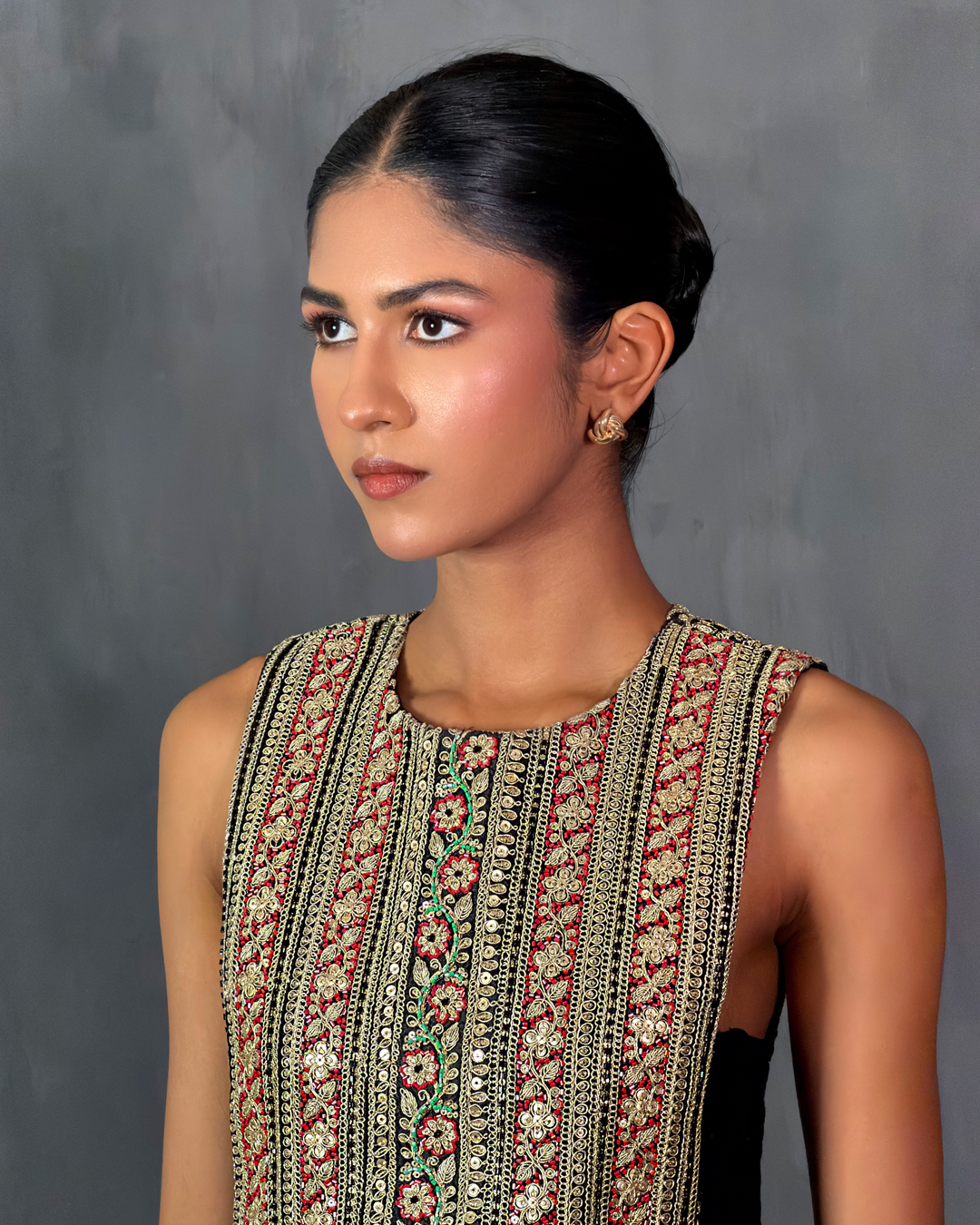 Black and Pink Embroidered Gota Top