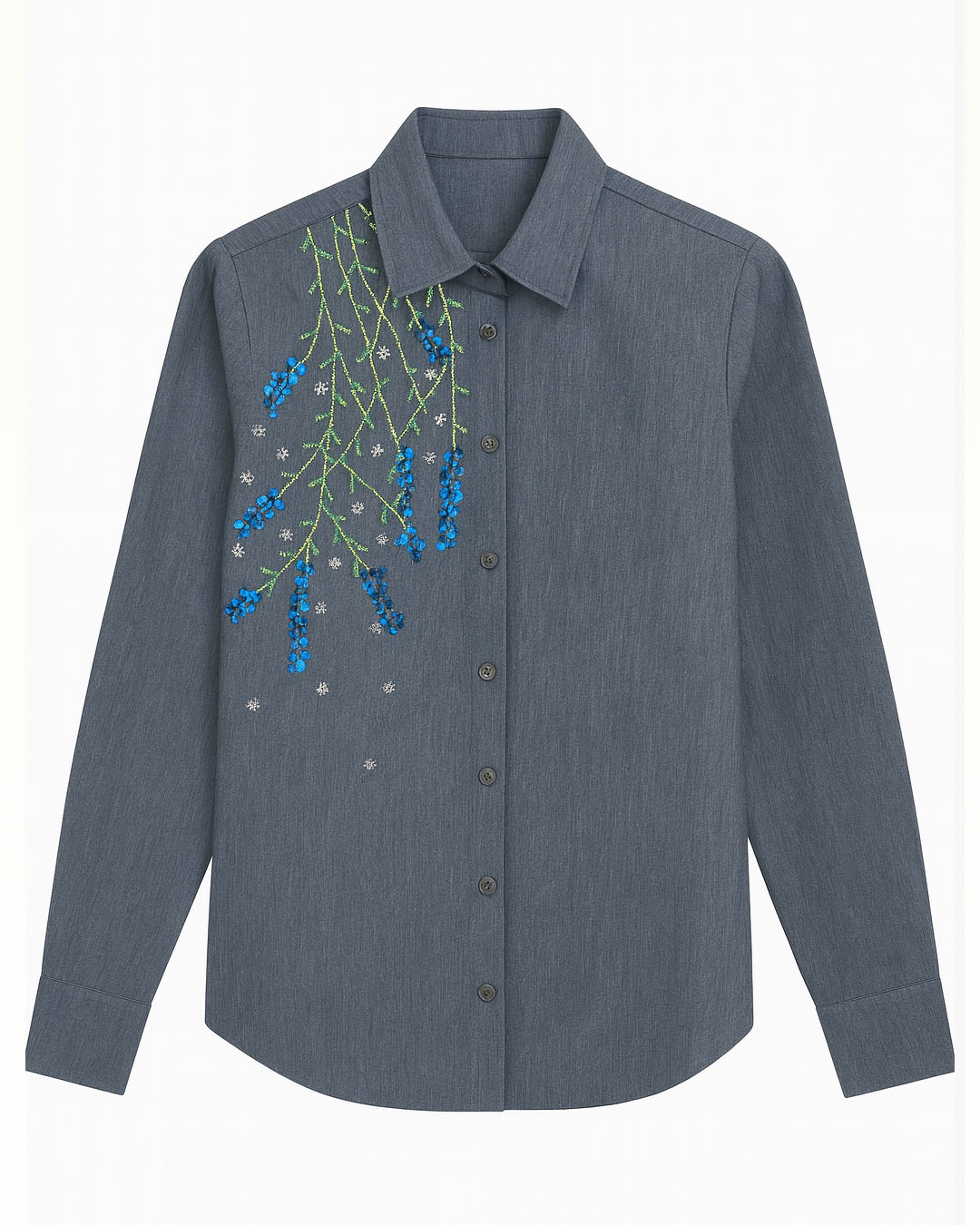 Grey Denim Shirt with Blue floral embroidery