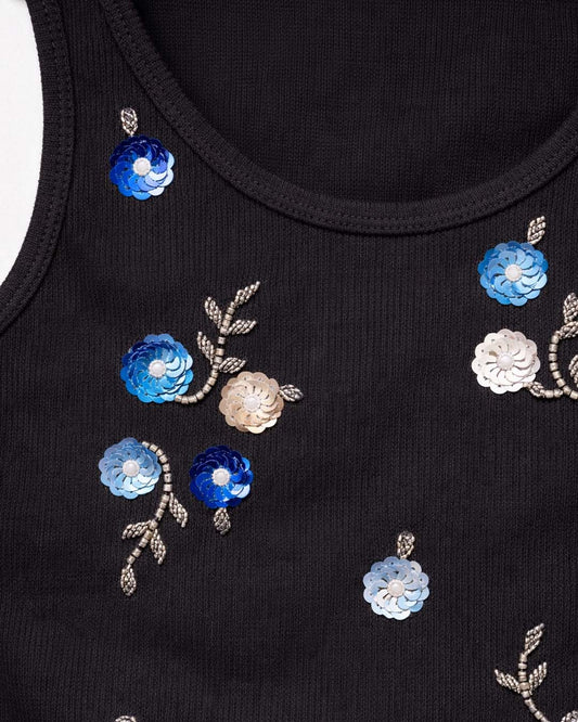Blue Floral Ribbed Top - Black