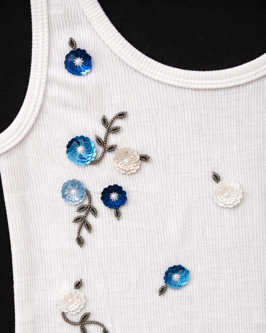 Blue Floral Ribbed Top - White