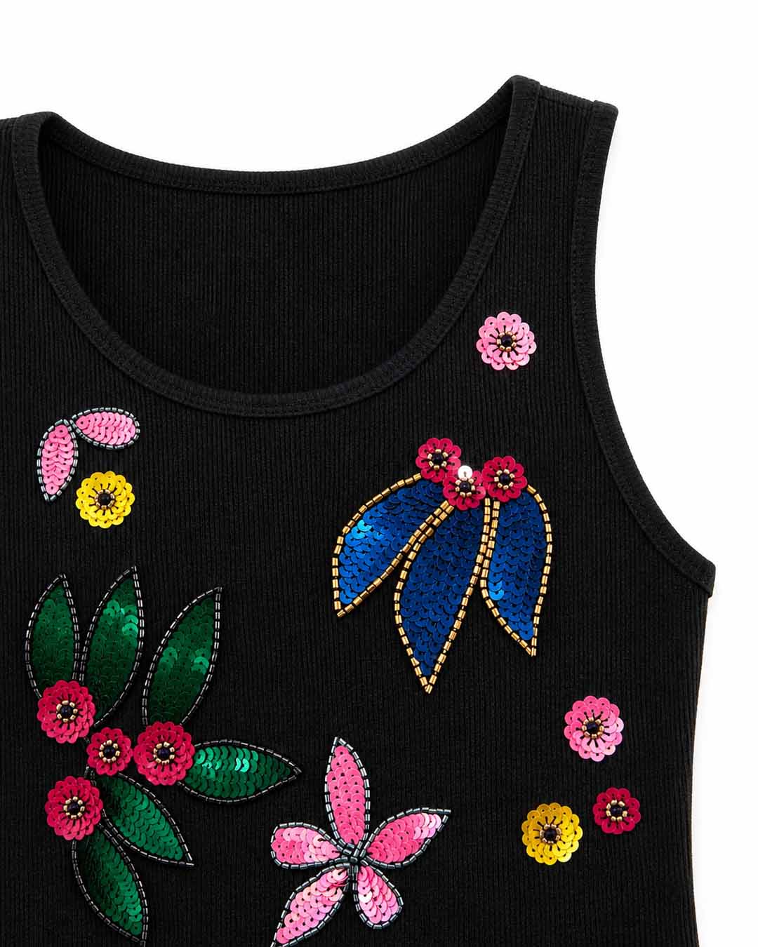 Floral Drama Ribbed Tank Top - Black