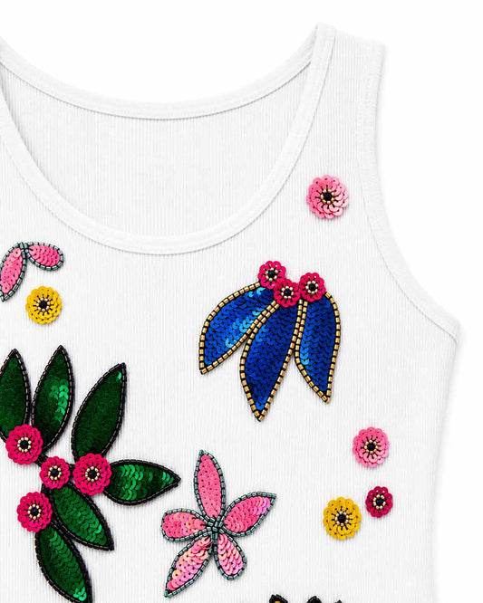 Floral Drama Ribbed Tank Top - White