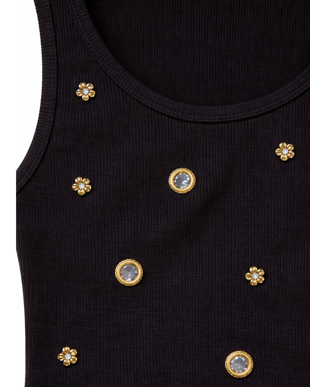 Mirror embroidery Ribbed Top - Black