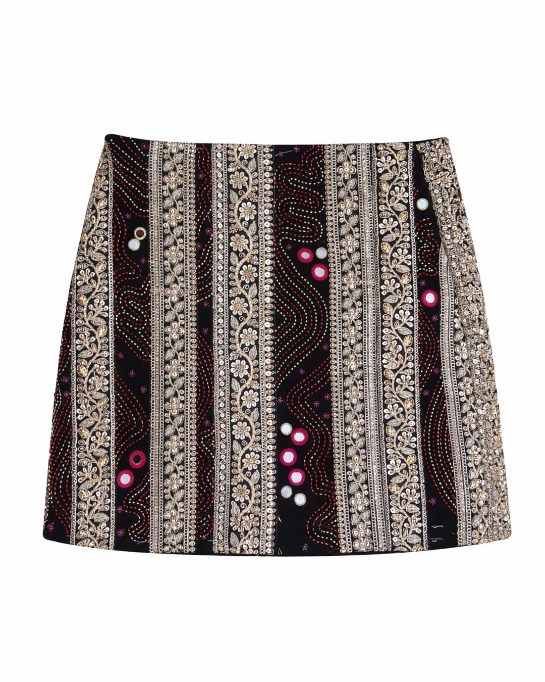 Pink and Black Hand-Embroidered Gota Skirt with Mirrors | AMBR