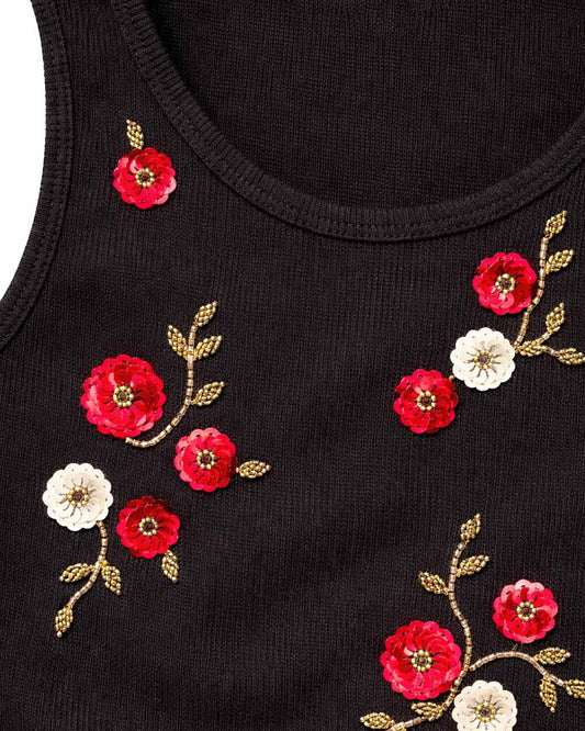 Red Floral Ribbed Top - Black