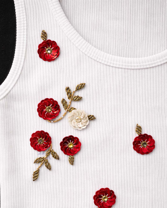 Red Floral Ribbed Top - White