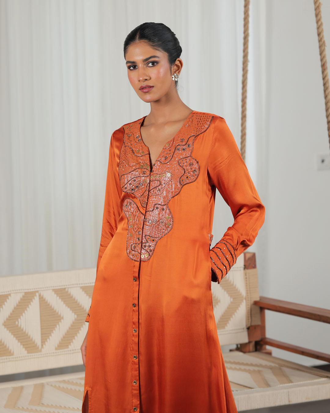 Saya Burnt Orange Appliqué Dress – Traditional Hand Embroidery Saya Burnt Orange Appliqué Dress – Traditional Hand Embroidery