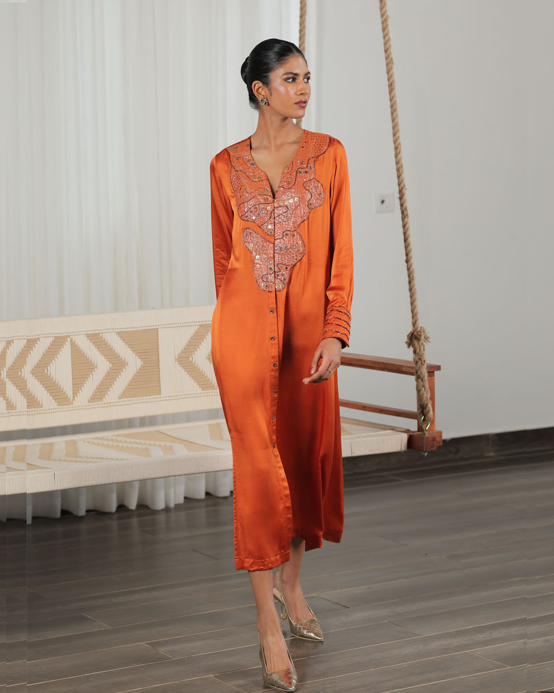 Saya Burnt Orange Applique Dress