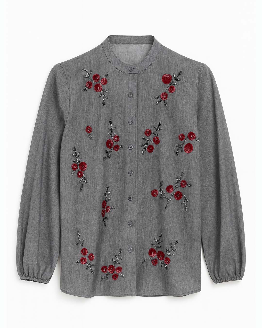 Grey Denim Shirt with Red Sequin