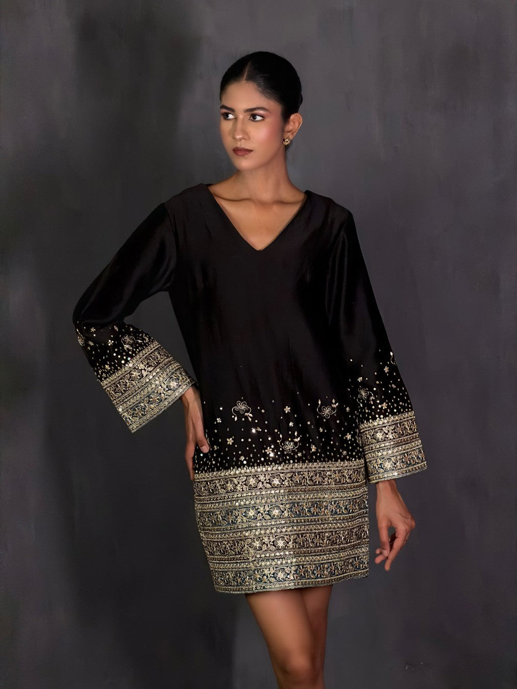 Black Chanderi Bell-Sleeve Gota Dress