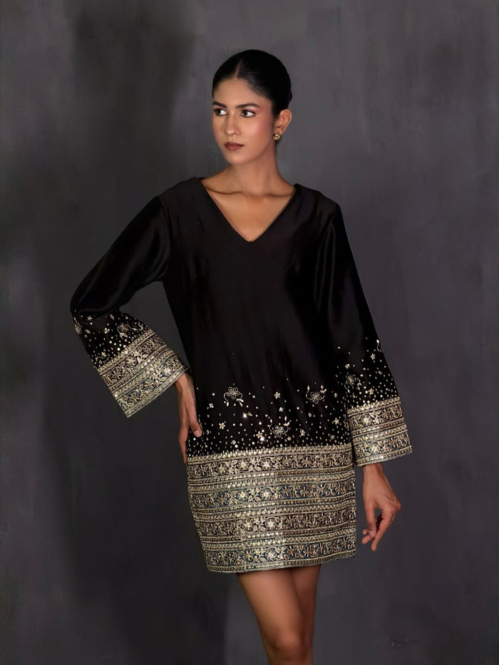 Black Chanderi Bell-Sleeve Gota Dress