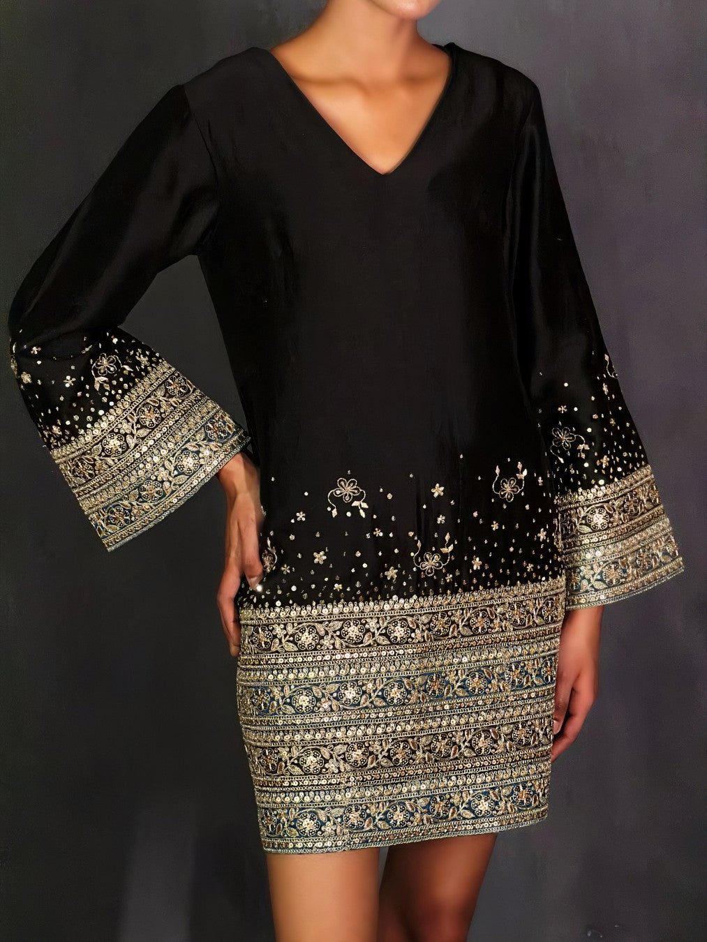 Black Chanderi Bell-Sleeve Gota Dress