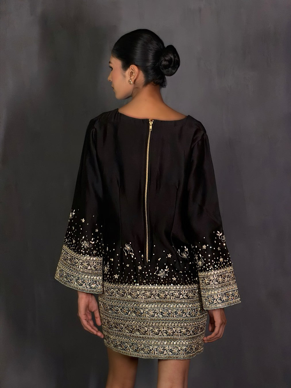 Black Chanderi Bell-Sleeve Gota Dress