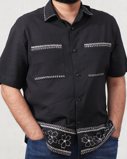 Katha Kantha Embroidery Cotton Shirt - Black