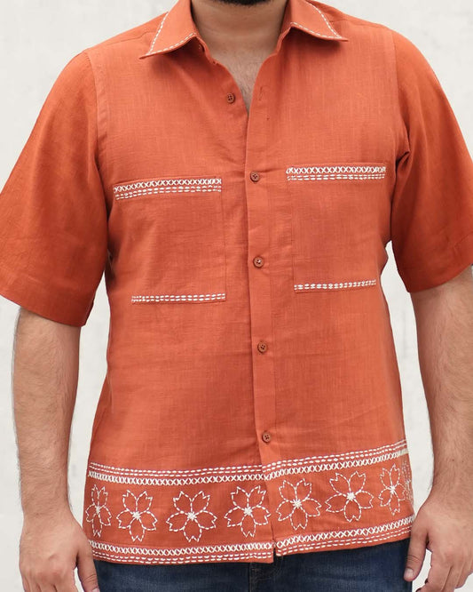 Katha Kantha Embroidery Cotton Shirt - Burnt Orange
