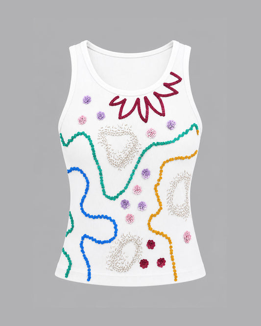 Abstract Ribbed Tank Top – White