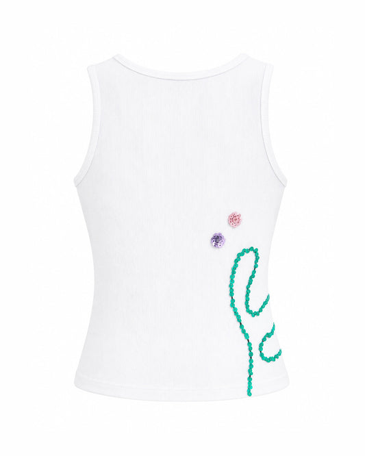 Abstract Ribbed Tank Top – White