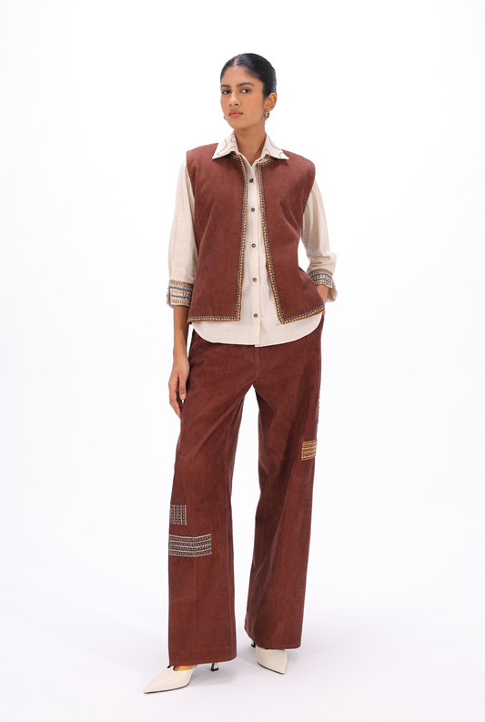 Brown Aari Open Waistcoat Co-ord set