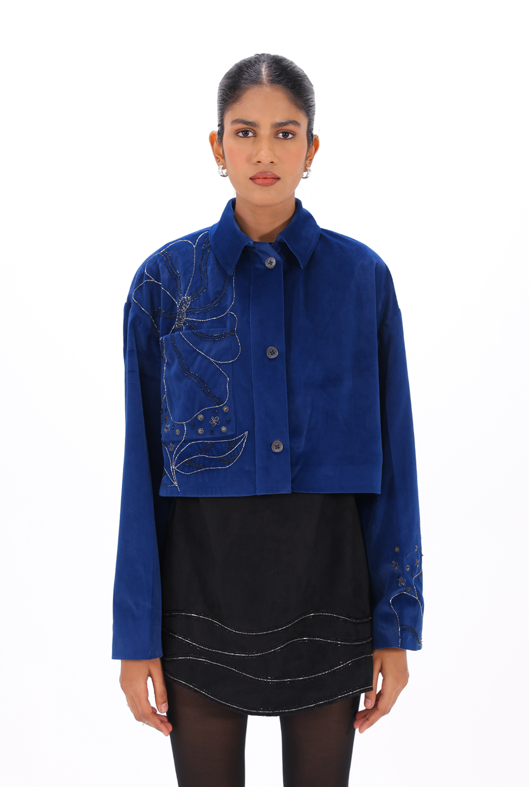 Little Black Aari Dress with Blue Zardozi Jacket Co-ord Set