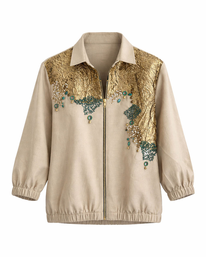 Beige Embroidered Linen Shacket