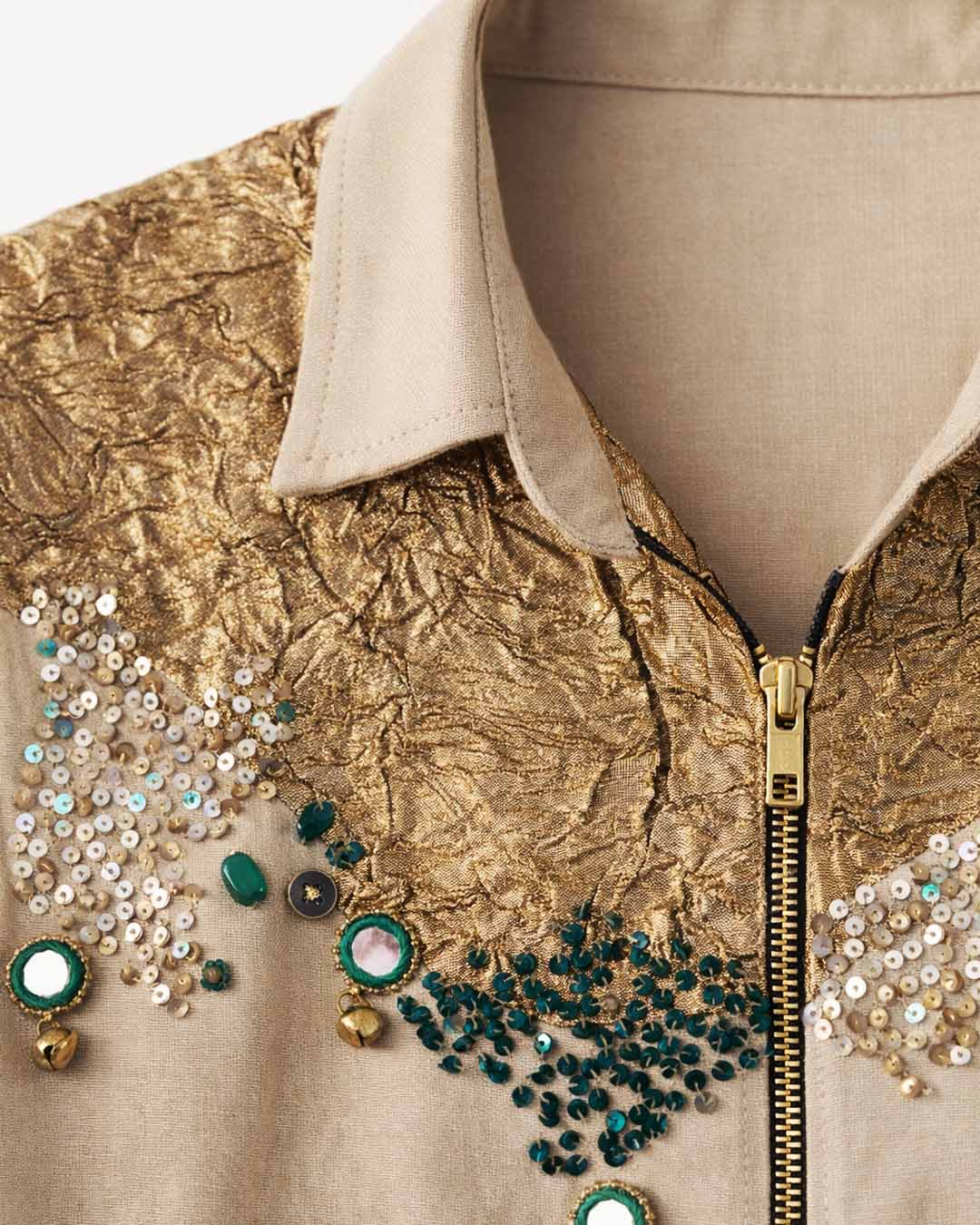 Beige Embroidered Linen Shacket