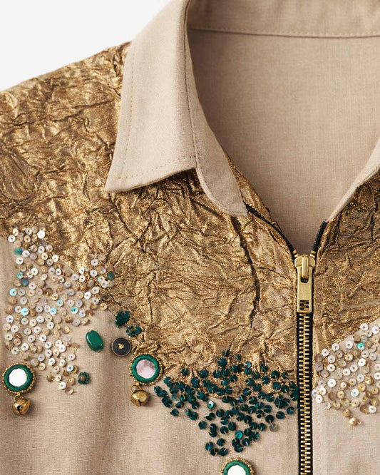 Beige Embroidered Linen Shacket