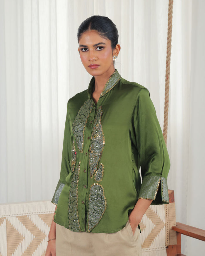 Bhumi Olive Green Applique Shirt