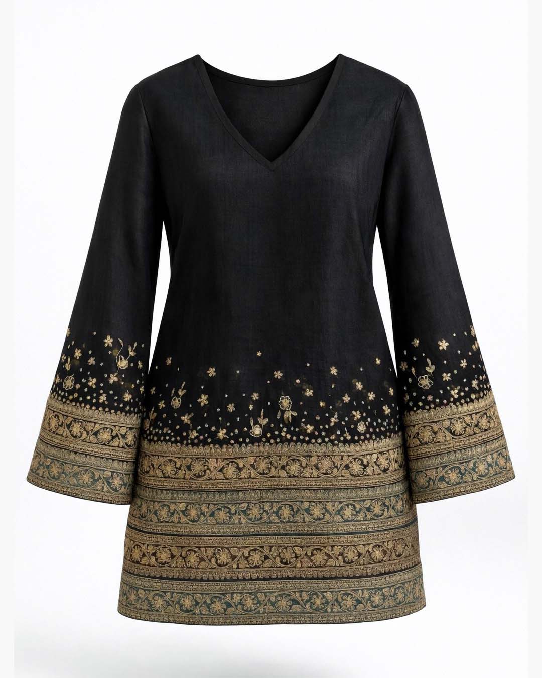 Black Chanderi Bell-Sleeve Gota Dress