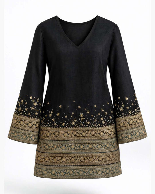 Black Chanderi Bell-Sleeve Gota Dress