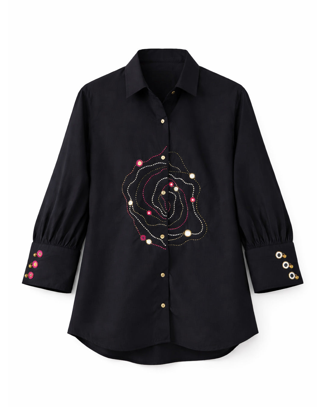 Black Cotton Mirror Embroidered Shirt