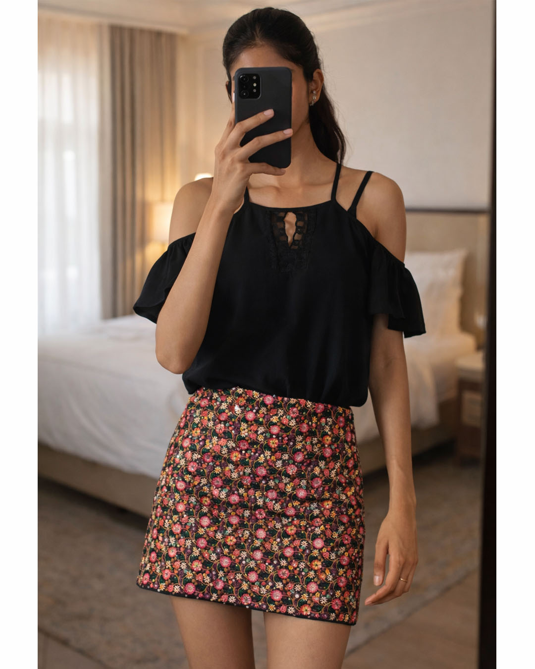 Black Floral Embroidered Skirt
