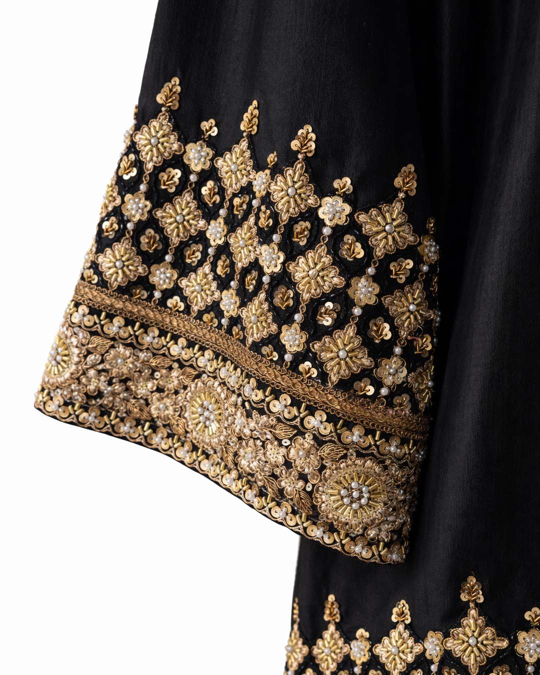 Black and Gold Bell-Sleeve Chanderi Dress