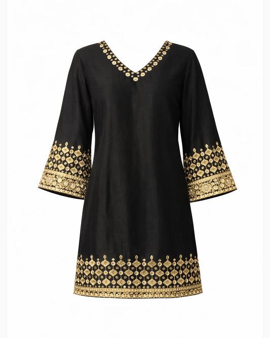 Black and Gold Bell-Sleeve Chanderi Dress