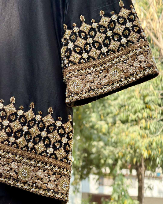 Black and Gold Bell-Sleeve Chanderi Dress