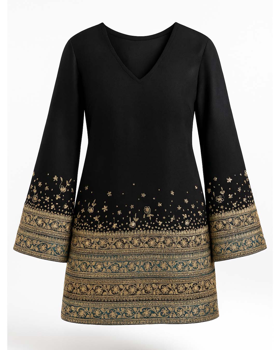 Black Suede Bell-sleeve Gota Dress