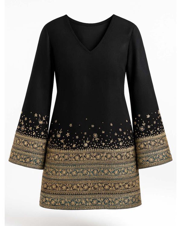 Black Suede Bell-sleeve Gota Dress