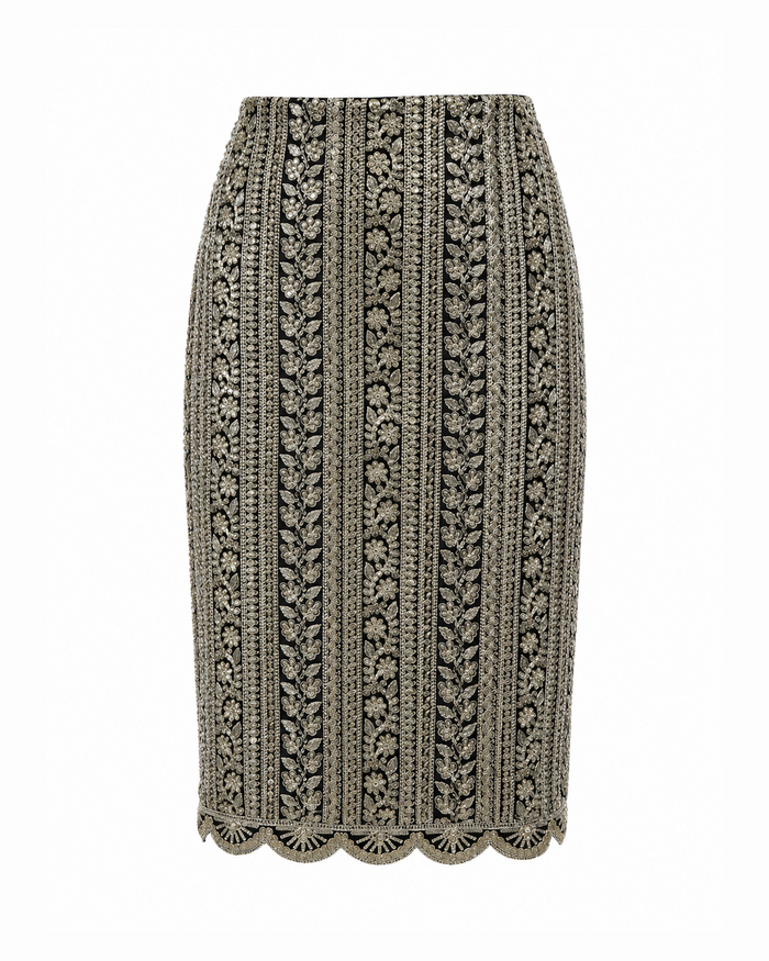 Black & Gold Scallop Midi Skirt