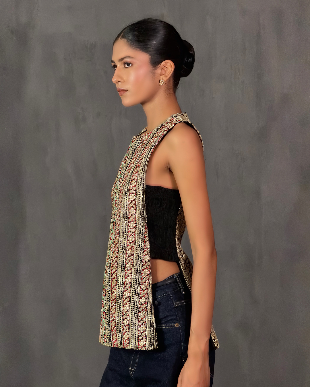 Black and Pink Embroidered Gota Top