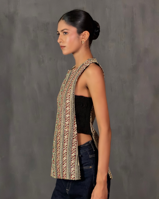 Black and Pink Embroidered Gota Top