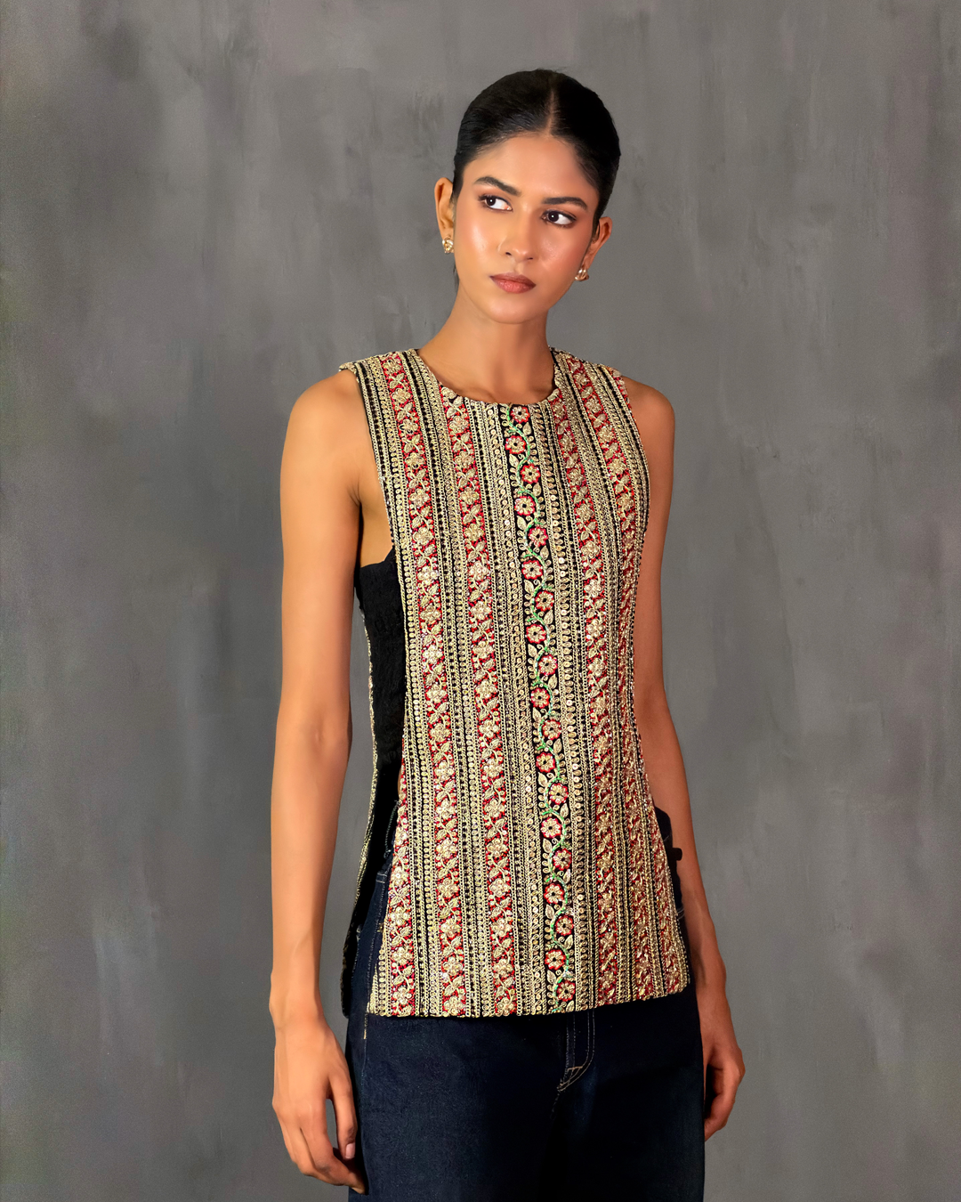 Black and Pink Embroidered Gota Top
