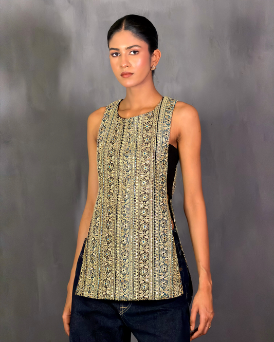 Black and Teal Embroidered Gota Top