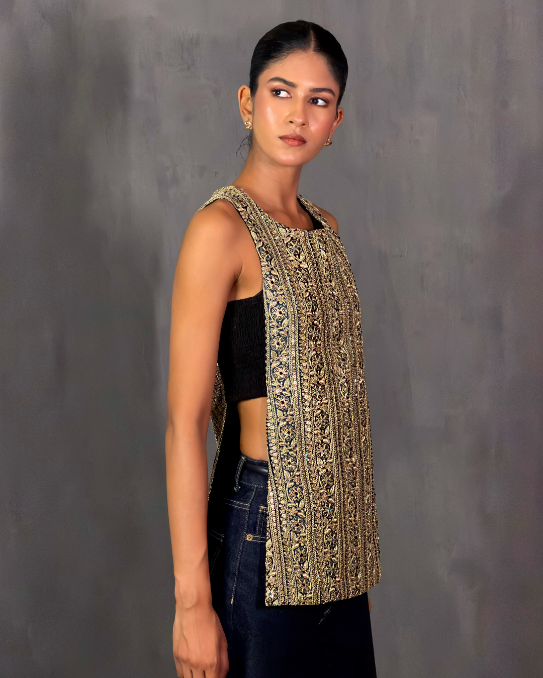 Black and Teal Embroidered Gota Top