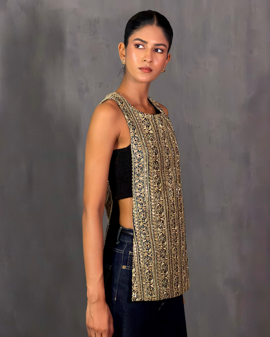 Black and Teal Embroidered Gota Top