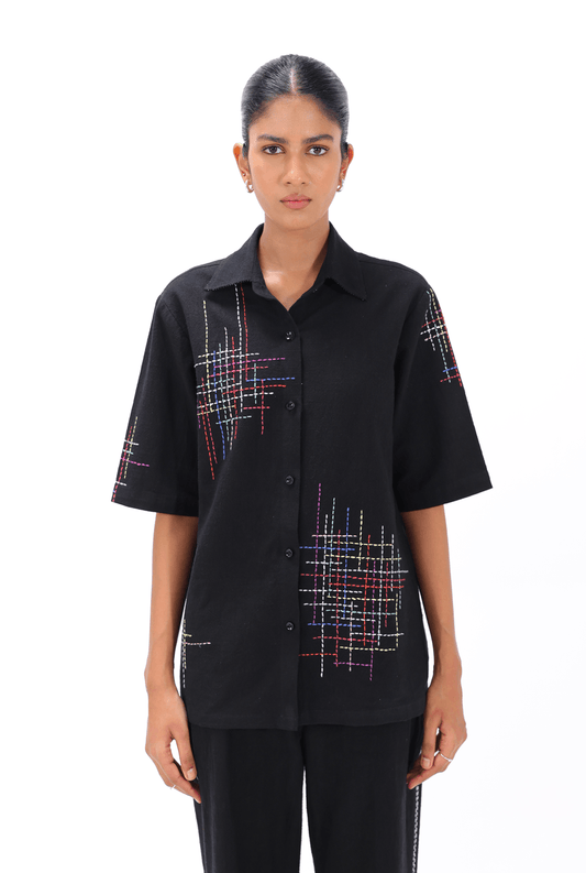 Black Kantha Boxy-Fit Shirt - AMBR INDIA - #tag1# - #tag2# - #tag3# - #tag4#