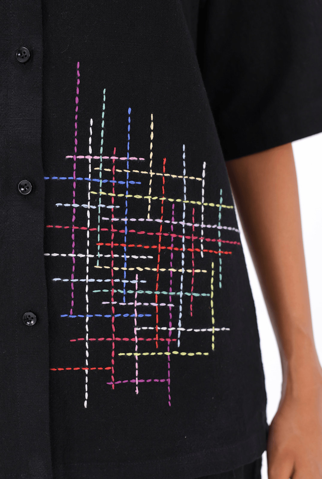 Black Kantha Boxy-Fit Shirt - AMBR INDIA - #tag1# - #tag2# - #tag3# - #tag4#